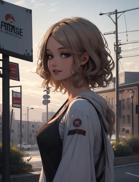 (masterpiece:1.2),(best quality:1.2),perfect eyes,perfect face,volumetric lighting,1girl,mature female,MILF,streetwear,urban style,(Road Sign Brown :1.1) crop top showing a beautiful cleavage,denim shorts,long detachedbrown hair,colorful streaks,intricate hairdo,smiling,happy,Conakry,dark theme,sunset,clouds,masterpiece,detailed,realistic,detailed background,4k,intricate,high quality,best quality,high resolution,pixiv,sciamano240,artgerm, <lora:snowlight:1>
