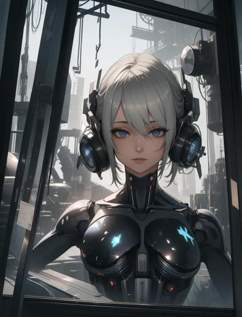 portrait, solo, (full body:0.6), looking at viewer, detailed background, detailed face, ( CircuitBoardAI, electronic theme:1.1), glass-cyborg, (made of glass:1.1), fighter, glass armor, mechanical, power source, magical patterns, floating particles, steam, reflections, storm in background, cinematic atmosphere,, nsfw, <lora:lightV1:1>