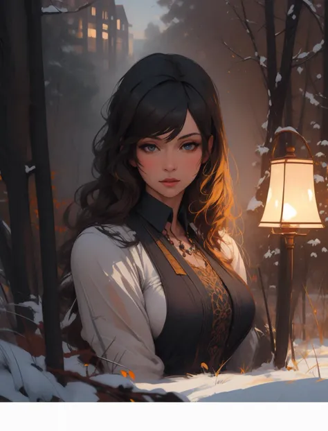 Wide shot of a Sexy busty woman with Jet black light hair,braid,hairband,beautiful detailed face,posing for a photo,on railroad tracks,wearing a beautiful tabard with a cleavage cutout,painterly,portrait,oil on canvas,artstation trending,concept art,highly detailed,sharp focus,illustration,art by artgerm and greg rutkowski and alphonse mucha and Norman Rockwell,high quality,intricate,dreamlike,fantasy, <lora:snowlight:1>