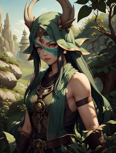 solo, (full body:0.6), looking at viewer, detailed background, detailed face, (<lyco:CulturePunkBundle-000007:0.75>, fairytaleai, fairytale theme:1.1) aggressive jungle fighter, green tribal clothing, warpaint, tribal markings, leaves, tropical climate, fighting stance, bushes, poisonous plants, exotic, jungle in background, snake in background, cinematic atmosphere,