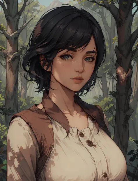AbigailRDR, 1girl, solo, tree, looking at viewer, realistic, parted lips, outdoors, nature, black hair, short hair, upper body, forest, brown hair, shirt, lips, buttons <lora:epi_noiseoffset2:1>, <lora:AbigailRDR:0.7>
