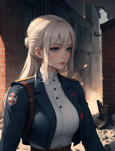 Navy blue Sequin Bralette, Athletic, Triangular Face, Light Skin, Straight Nose, Pouty Lips, Receding Chin, Brown sheer lipstick, rings, silver Coarse Hair Long Hair Ponytail, mansion or estate, high key, motivated light, solo, upper body, looking at viewer, detailed background, detailed face, (victorian theme:1.1), battlefield-medic, field-surgeon, exhausted, white tattered military medic uniform, army helmet, belt, red cross, flag, medical supplies, blood soaked bandages, toruniquet, dirt smudges, running, ruined blasted building, debris in background, floating particles, dust, gunfire, intense action, thunder clouds, urgency, epic atmosphere,