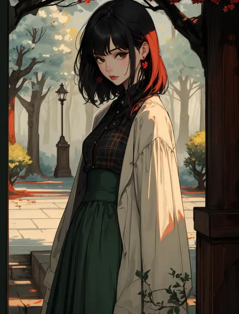 1girl,solo,long light green long skirt,flower,dress,outdoors,dark brownflower,plaid,long sleeves,looking at viewer,standing,black hair,unmoving pattern,short hair,realistic,nature,tree,red hair, <lora:redlikerosesv3:0.6>