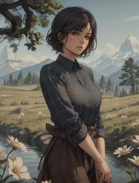 AbigailRDR, 1girl, solo, long dark red short shorts, flower, collared shirt , outdoors, light blueflower, plaid, long sleeves, looking at viewer, standing, black hair, unmoving pattern, short hair, realistic, nature, tree, brown hair , <lora:AbigailRDR:0.7>