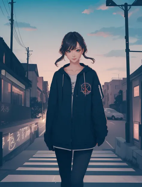 (masterpiece:1.2),(best quality:1.2),(perfect eyes,perfect face,volumetric lighting,:1.2)1girl,mature female,MILF,streetwear,urban style,(Walking with a spring in the step:1.3),(Varsity Red :1.1) corset showing a beautiful cleavage,pants,long detachedgreen hair,colorful streaks,intricate hairdo,smiling,happy,Vilnius,dark theme,sunset,clouds,masterpiece,detailed,realistic,detailed background,4k,intricate,high quality,best quality,high resolution,pixiv,sciamano240,artgerm,<lyco:[LoHa] White Dew ç½é² Style(With multires noise version):1.0>
