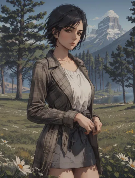 AbigailRDR, 1girl, solo, long gray miniskirt, flower, halterneck , outdoors, blueflower, plaid, long sleeves, looking at viewer, standing, black hair, unmoving pattern, short hair, realistic, nature, tree, brown hair <lora:epi_noiseoffset2:1>, <lora:AbigailRDR:0.7>