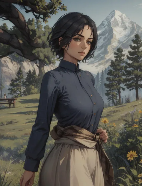AbigailRDR, 1girl, solo, long dark blue shorts under skirt, flower, blouse , outdoors, dark redflower, plaid, long sleeves, looking at viewer, standing, black hair, unmoving pattern, short hair, realistic, nature, tree, brown hair , <lora:AbigailRDR:0.7>