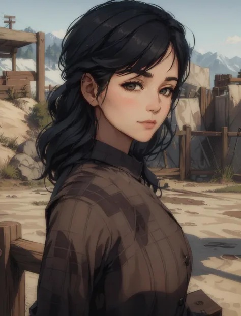 AbigailRDR, 1girl, solo, realistic, black hair, outdoors, looking at viewer, shirt, plaid, upper body, closed mouth, long sleeves, buttons, day, blurry, fence <lora:epi_noiseoffset2:1>, <lora:AbigailRDR:0.7>