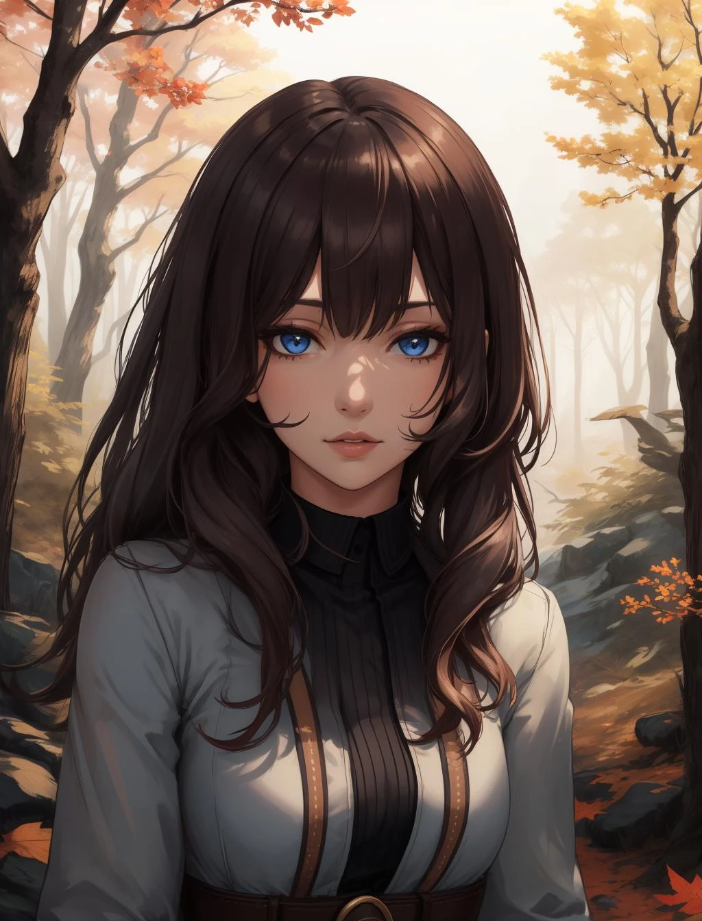 portrait, solo, (full body:0.6), looking at viewer, detailed background, detailed face, (frontier western theme:1.1), trapper, trapmaker, brown leather clothing, belt, coat, gloves, rugged, trappers hat, scarf, walking, rope, skinning knife, hides, autumn forest background, fallen leaves, underbrush, fantasy frontier cinematic atmosphere,,Purple Cutout Bodysuit with Zipper, Lean, Heart-Shaped Face, Olive Skin, Wide Nose, Thin Lips, Prominent Chin, Pink cream lipstick, flower, black Curly Hair Long Hair Waves, fashion studio, dappled