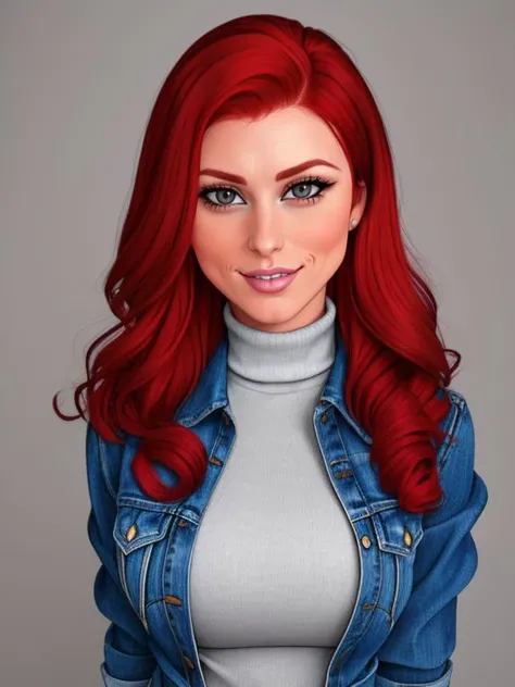 ((SFW)), Tight Headshot Portrait, Redhead Karlie Montana, Striped Turtleneck, Jean Jacket,
redhead Karlie Montana, Kajinman Style,
<lora:Karlie_Montana:0.8>