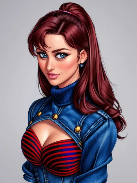 ((SFW)), Tight Headshot Portrait, Karlie Montana, Striped Turtleneck, Denim Jacket,
(Extremely detailed digital art by Sailor Moon ),
<lora:Karlie_Montana:0.8>
