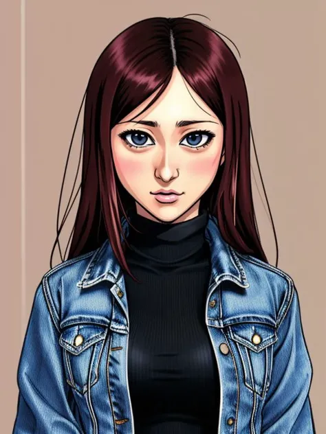 ((SFW)), Tight Headshot Portrait, Karlie Montana, Striped Turtleneck, Denim Jacket,
(Inio Asano Style Anime art),
<lora:Karlie_Montana:0.8>