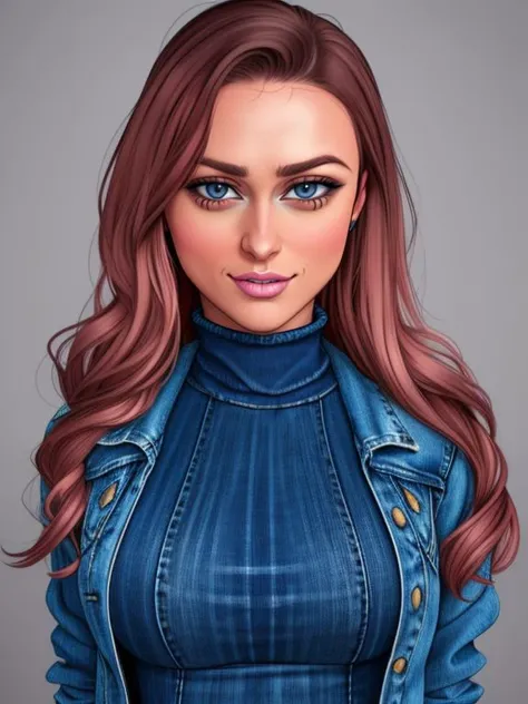 ((SFW)), Tight Headshot Portrait, Karlie Montana, Striped Turtleneck, Denim Jacket,
(Extremely detailed digital art by Armin Hansen ),
<lora:Karlie_Montana:0.8>