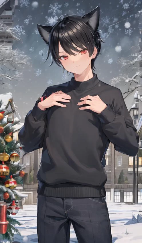 (masterpiece:1,2), best quality, masterpiece, highres, original, extremely detailed wallpaper,
1boy, solo, male focus, (looking at viewer:1.1), (:3:1.1), cowboy shot, hand on own chest,
<lora:Robin_Akiyama-10:0.75> robinakiyama, black hair, red eyes,
(christmas sweater:1.2), long sleeves, pants,
(snowing, winter, night sky:1.3),