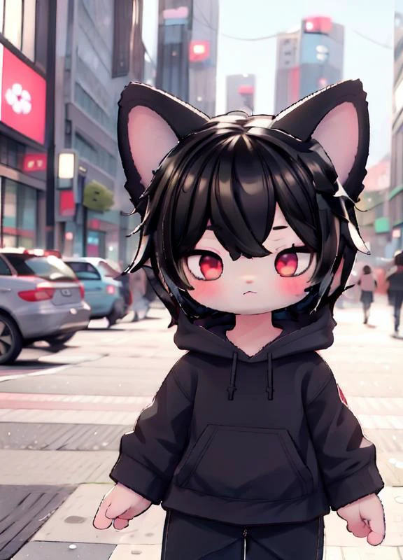 (masterpiece, best quality, official art, 8k, incredibly absurdres, perfect shadows),
1girl, solo, solo focus, looking at viewer, cowboy shot, :3, yellow nose,
<lora:hello_kitty:1.0> hello_kitty,
<lora:Robin_Akiyama:1> robinakiyama, black hair, red eyes,
black hoodie, black pants,
((tokyo \(city\), science fiction, cyberpunk))