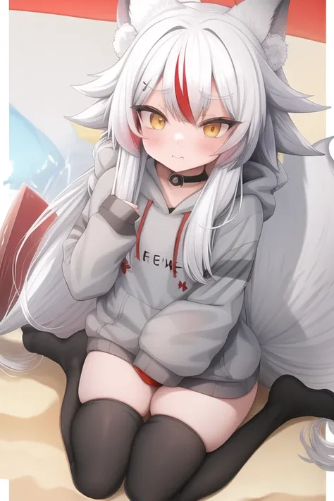 1girl, white hair, fox ears, fox tail, little girl, black stockings, grey hoodie, red hair, ((red fringe)), kamiko, kamiko_kana, beach, beach background