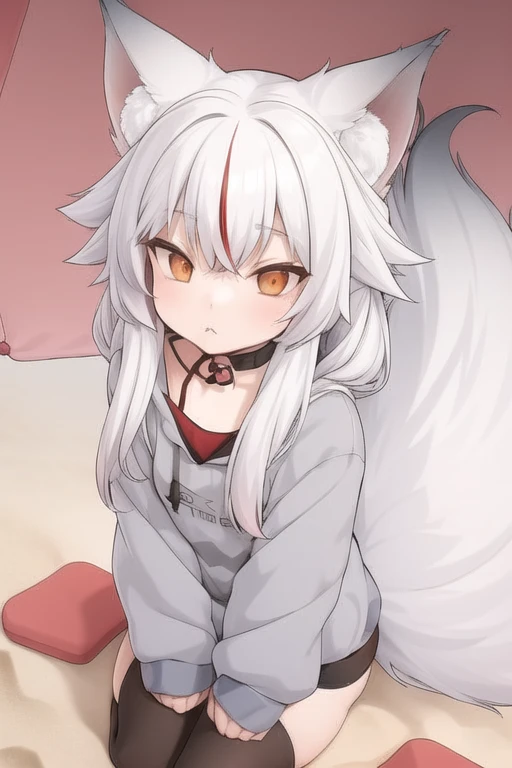 1girl, white hair, fox ears, fox tail, little girl, black stockings, grey hoodie, red hair, ((red fringe)), kamiko, kamiko_kana, ((beach)), beach background