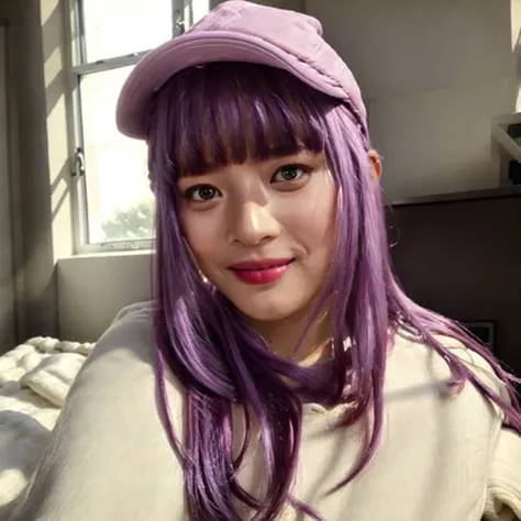 soft light, soft skin, (wider angle, waist up shot of HanniPham sitting on white bed:1), light pastel colored room, bokeh, f/1.8, light purple bangs, inside, golden hour soft hair, HanniPham smiling, happy, hair_bangs, wearing a cap, white hat, light pale purple hair, sitting on the bed, analog style, hyper realistic lifelike texture dramatic lighting, award winning photo, Nikon RAW photo, 8k, Fujifilm XT3, masterpiece, best quality, realistic, soft lighting, ultra detailed, extremely detailed face, window light rays, window bloom, volumetric lighting<lora:HanniPhamV1.0:0.95>