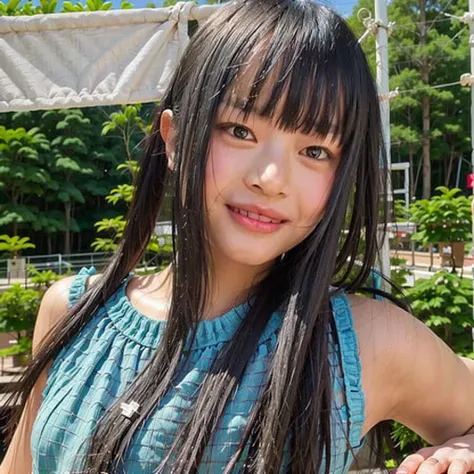 cute girl, beautiful HanniPham smirking, smiling eyes, happy mood, sunny, best quality, ultra highres, (photorealistic:1.2), (depth of field:1.1), (looking at camera:1.1), jean material shirt, black hair, short hair, brown clothes, solo, 1 girl, medium chest, in garden, bokeh, soft light, bloom, perfect body, perfect anatomy, photoshoot, random pose, clean face, pale skin, clean skin, <lora:HanniPhamV1.0:1>