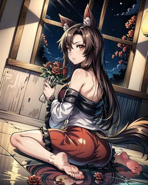 <lora:imaizumikagerou:1>, 1girl, moon, animal ears, long hair, full moon, imaizumi kagerou, tail, petals, solo, barefoot, wolf ears, brown hair, plant, window, wolf tail, night, sitting, red eyes, flower, looking at viewer, bare shoulders, soles, indoors, broken glass, star (sky), sky, night sky, looking back, wariza, from behind, moonlight, light particles, starry sky, holding, off shoulder, tiles, tile floor, checkered floor, feet, on floor, cloud, back, very long hair, long sleeves, dress, fur trim, potted plant, glass, profile, toes, red skirt, reflection, full body, skirt, red dress, bangs, broken window, rose, dutch angle, wide sleeves, rose petals, bouquet, red flower, vines, leaf, <lora:add_detail:0.8>, masterpiece, best quality