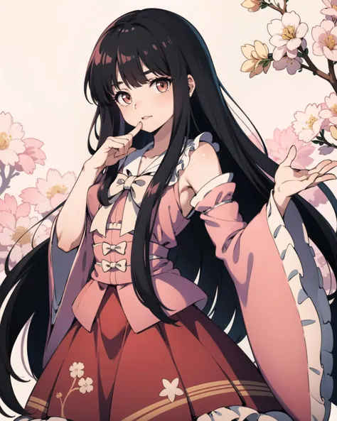 1girl, Houraisan Kaguya, Black Hair, Very Long Hair, Hime Cut, Blunt Bangs, Sidelocks, bow, breasts, brown eyes, covered_mouth, covering_mouth, cowboy_shot, eyebrows_visible_through_hair, frilled_shirt_collar, frilled_sleeves, frills, japanese_clothes, long_hair, long_sleeves, long_skirt, looking_at_viewer, medium_breasts, pink_kimono, pink_shirt, red_skirt, shirt, skirt, sleeves_past_fingers, sleeves_past_wrists, solo, standing, white_bow, wide_sleeves, <lora:kaguyaH:0.7>, masterpiece, best quality, Beautiful Lunarian Princess, <lyco:GoodHands-beta2:1.0>
