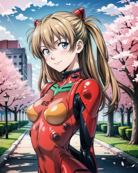 1girl, souryuuasukalangley, plugsuit 02, interface headset, looking at viewer, light smile, upper body, science fiction city, park, cherry blossoms, arms behind back, <lora:souryuuasukalangleyV9:1>, masterpiece, best quality, <lora:add_detail:1>, <lyco:GoodHands-beta2:1.0>