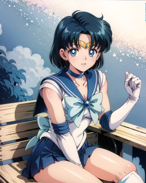 highres, mer1, tiara, sailor senshi uniform, blue sailor collar, bow, knee boots, choker, white gloves, blue choker, elbow gloves, jewelry, earrings, blue skirt, <lora:mercury_v2:0.7>, cowboy shot, (1990s \(style\):1.2) , sitting, bench,<lora:add_detail:0.65>, masterpiece, best quality, perfect composition