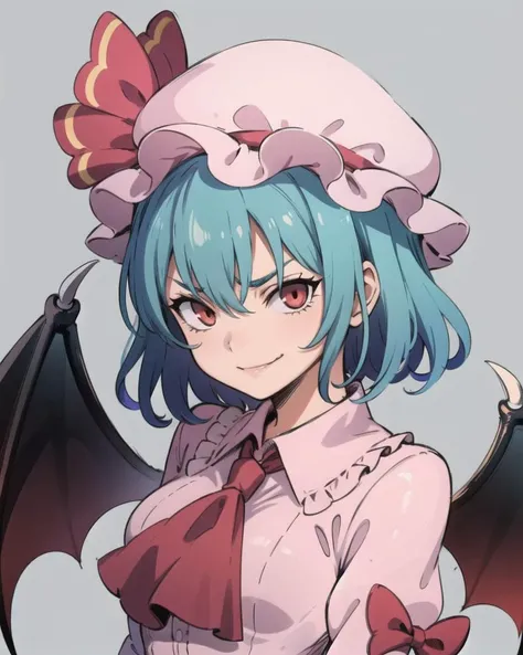 <lora:remilia:1>,1girl,pink dress,mob cap,ribbon,blue hair,red eyes,evil smile,bow,ascot, bat wings,grey background, (kbxll:0.8), masterpiece, best quality, Eizan Kikukawa, official art, a character portrait, rococo