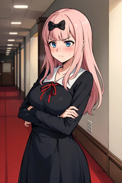masterpiece, best quality, highres, chika1, fujiwara chika, school uniform, black bow, black dress, red ribbon, long sleeves, blunt bangs, neck ribbon, collared dress, large breasts,<lora:fujiwaraChikaKaguya_v10:0.7>,looking to the side, facing away, school hallway, crossed arms, blush,annoyed,tsundere,