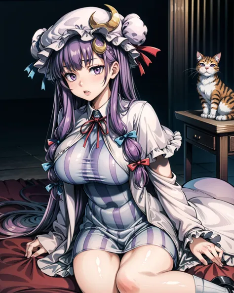<lora:patchouli:1>,1girl,mature female,large breasts,patchouli knowledge, purple hair,purple eyes,mob cap,skirt, cat,crescent hair ornament, <lora:add_detail:0.75>, masterpiece, best quality,