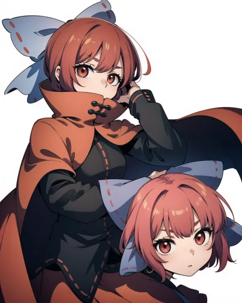 ((Red-haired girl in a dress wrapped in chains)), ((wearing a noble robe)), ((Bobcut)), ((full body black and red longcoat)), Anime full body illustration white background