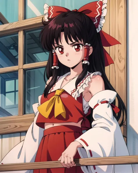 1girl, cowboy shot, (Hakurei Reimu), Touhou, anime screencap, faux traditional media, 1990s \(style\), <lora:add_detail:0.65>, masterpiece, best quality, perfect composition, <lora:smv1:0.8>