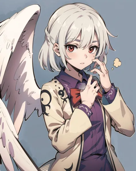 masterpiece, best quality, <lora:KishinSagume:1>,kishin sagume, 1girl,white hair,short hair, red eyes,bow, single wing,white jacket, purple dress,long sleeves, grey background,