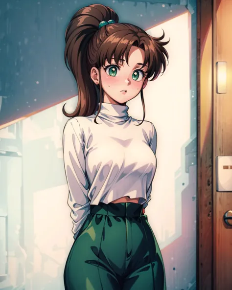 highres, hmjupiter, green eyes, ponytail, absurdres, perfect anatomy, alternate costume, 1girl, brown hair, green eyes, ponytail, indoors, turtleneck sweater, high-waist pants, (1990s \(style\):1.1) , <lora:sailor_jupiter_v1:0.7>, arms behind back, blush, street, standing, cowboy shot, <lora:add_detail:0.65>, masterpiece, best quality, perfect composition