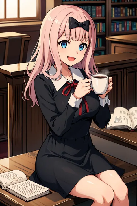 masterpiece, best quality, highres,perfect lighting, chika1, fujiwara chika, school uniform, black bow, black dress, red ribbon, long sleeves, blunt bangs, neck ribbon, collared dress, large breasts,<lora:fujiwaraChikaKaguya_v10:0.7>,holding cup, coffee mug, smile,:d, smelling, library, open book, studying, desk, sitting,