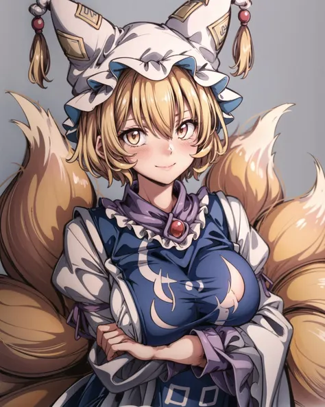 <lora:ran:1>,1girl, yakumo ran, hat, solo, blonde hair, fox tail, tail, breasts, grey background, no headwear, tabard, short hair, blush, upper body, yellow eyes, multiple tails, large breasts, looking at viewer, simple background, long sleeves, white dress, hands in opposite sleeves, dress, hair between eyes, wide sleeves, bangs, frills, smile, frilled shirt collar, closed mouth, frilled sleeves, head tilt, kitsune, own hands together, arms under breasts, standing, breast hold, shiny,(kbxll:0.6), masterpiece, best quality, <lora:add_detail:1>