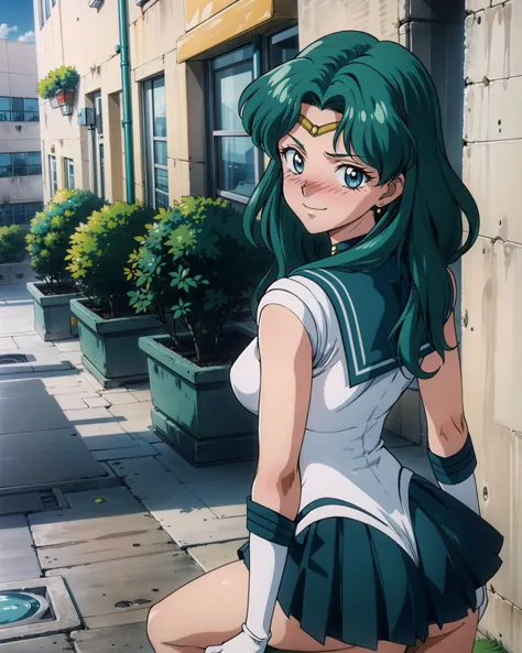 bent over, from behind, 1girl, sailor neptune, mature female, aged up, small breasts, aqua eyes, dark green hair, medium hair, (sailor senshi uniform:1.1), (back bow:0.75), white elbow gloves, plead skirt, looking at viewer, alley, (blush:1.2), smirk, ass, 1990s \(style\), <lora:Kizuki - Sailor Moon - Sailor Neptune:0.8>, <lora:add_detail:0.65>, masterpiece, best quality, perfect composition, <lora:90sv1.3RW:0.6>