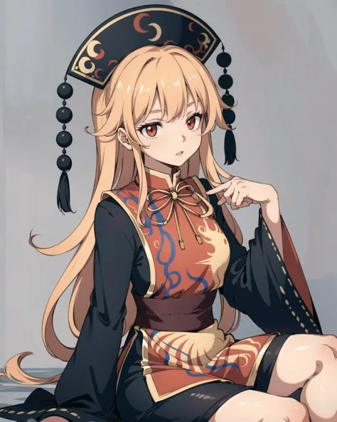 masterpiece, best quality, <lora:junko:1>, 1girl,hat,pom pom \(clothes\),long hair,orange hair,red eyes, yellow ribbon,long sleeves, chinese clothes, tabard,black dress,sash, crescent,tassel, tail,grey background, <lora:GoodHands-vanilla:1>