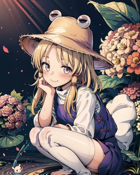 <lora:suwako:1>,1girl, moriya suwako, hydrangea, blonde hair, flower, thighhighs, solo, yellow eyes, ribbon, hat, hair ribbon, purple skirt, torii, red ribbon, frog, white thighhighs, skirt, smile, long sleeves, vest, wide sleeves, looking at viewer, outdoors, bangs, brown headwear, sitting, pink flower, blush, purple vest, tress ribbon, shirt, lily pad, animal, white shirt, sunlight, long hair, blue flower, purple flower, water, day, closed mouth, medium hair, light rays, sidelocks, petals, knees up, skirt set, parted bangs, sunbeam, head rest, turtleneck, squatting, leaf, nature, tree, <lora:add_detail:0.65>, masterpiece, best quality, perfect composition