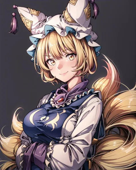<lora:ran:1>,1girl, (animal_ears, fox_ears:1.1), arms_under_breasts, bangs, blonde_hair, breasts, brown_background, dress, fox_tail, (fox_girl, kitsune:1.1), frills, grey_background, hands_in_opposite_sleeves, hat, long_sleeves, looking_at_viewer, mob_cap, multiple_tails, pillow_hat, short_hair, simple_background, smile, solo, tabard, tail, tassel, upper_body, white_dress, white_headwear, wide_sleeves, yakumo_ran, yellow_eyes, shiny, (kbxll:0.6), masterpiece, best quality, <lora:add_detail:1>,
