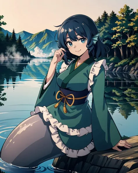 <lora:Wakasagihime:1>, wakasagihime, 1girl, mermaid, monster girl, blue hair, short hair, blue eyes, head fins, japanese clothes, kimono,sash , obi, wide sleeves, long sleeves, lake, mist, fog, nature, smile, <lyco:aiomonstergirls_aiov2LoraLocon:1.0>, masterpiece, best quality,