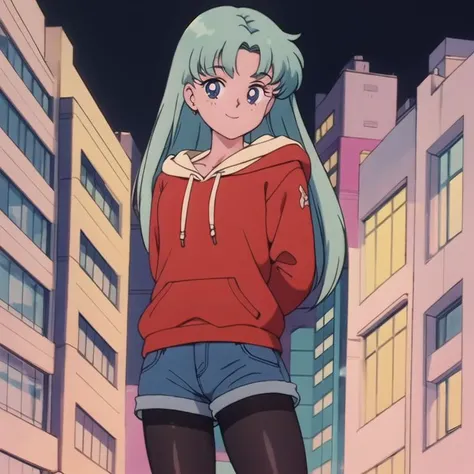 best quality, masterpiece, <lora:smv1-10:1>, 1girl, light smile, looking at viewer, light blue hair, long hair, city, night, cowboy shot, arms behind back, hooded sweater, shorts, black pantyhose, anime screencap, faux traditional media, 1990s \(style\), perfect composition