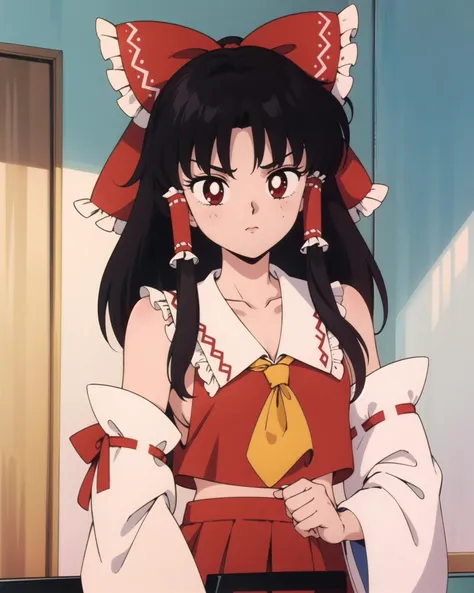 1girl, cowboy shot, (Hakurei Reimu), Touhou, anime screencap, faux traditional media, 1990s \(style\), masterpiece, best quality, perfect composition, <lora:smv1:0.8>