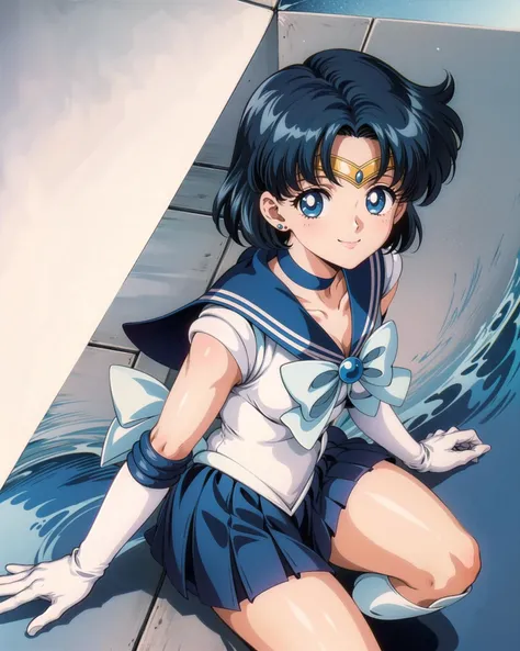 1girl, solo, smile, looking at viewer, mer1, tiara, sailor senshi uniform, blue sailor collar, bow, knee boots, choker, white gloves, blue choker, elbow gloves, jewelry, earrings, blue skirt, silver background, big waves, <lora:mercury_v2:0.9> from above, (1990s \(style\):1.2) , <lora:add_detail:0.65>, masterpiece, best quality, perfect composition