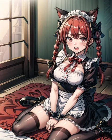 <lora:KaenbyouRin:1>,1girl, solo, animal ears, thighhighs, red hair, red eyes, twin braids, cat ears, braid, kaenbyou rin, checkered floor, alternate costume, blush, maid headdress, maid, black thighhighs, enmaided, sitting, wariza, wrist cuffs, apron, looking at viewer, heart-shaped pupils, bell, breasts, open mouth, hairband, large breasts, waist apron, symbol-shaped pupils, bow, heart, zettai ryouiki, hair bow, long hair, short sleeves, v arms, ribbon, 2 tails, multiple tails, cat tail, shoes, smile, dress, <lora:add_detail:1>, masterpiece, best quality, (kbxll:0.6)
