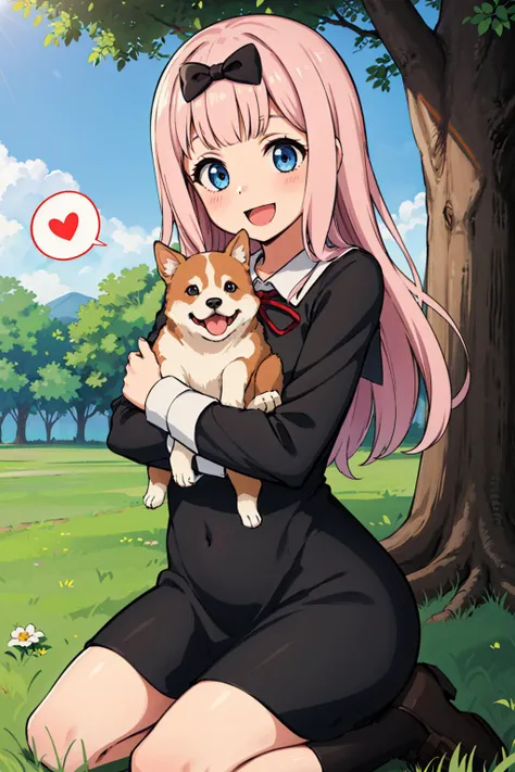 masterpiece, best quality, highres,caustics, chika1, fujiwara chika, school uniform, black bow, black dress, red ribbon, long sleeves, blunt bangs, neck ribbon, collared dress, large breasts,<lora:fujiwaraChikaKaguya_v10:0.65>, 1girl, (smile:1.2), :d,happy, park, grass , tree, hugging dog, shiba inu, animal, blush, kneeling, spoken heart, squishing,