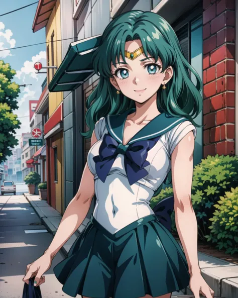 solo, 1girl, cowboy shot, 1girl, sailor neptune, (mature female:1.1), small breasts, aqua eyes, dark green hair, medium hair, sailor senshi uniform, plead skirt, looking at viewer, alley, (blush:1.1), smile, (1990s \(style\):1.2), faux traditional media, <lora:Kizuki - Sailor Moon - Sailor Neptune:0.8>, <lora:add_detail:0.65>, masterpiece, best quality, perfect composition