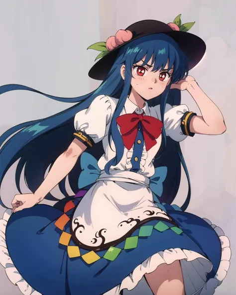 <lora:tenshihinanawi:0.85>,1girl,hinanawi tenshi, hat,peach,blue hair,long hair,red eyes,bow,short sleeves,shirt,skirt,grey background,<lora:smv1:0.8>, masterpiece, best quality