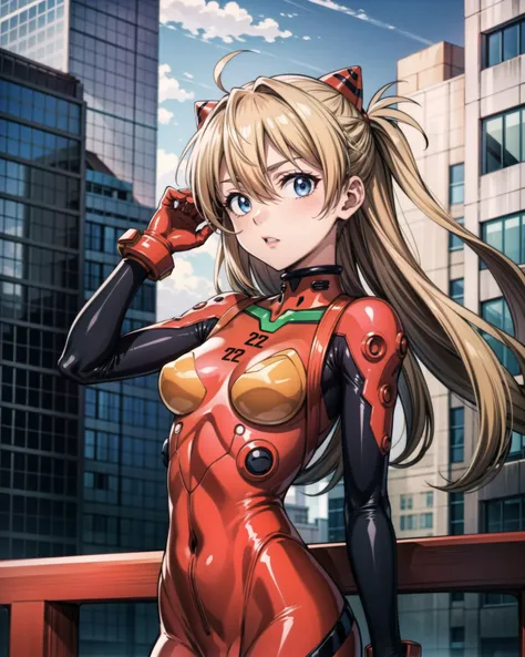 asukalangley, <lora:asukalangley:1>, asuka langley soryu, blue eyes, hair between eyes, headgear, interface headset, orange hair, bodysuit, long sleeves, plugsuit, red bodysuit, outdoors, city, looking at viewer, <lora:add_detail:1>, masterpiece, best quality