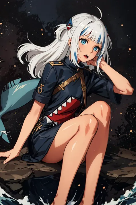 best quality, intricate details,, best quality, intricate details,
1girl, white hair,  blue eyes, sharp eyes,messy hair, blue highlights, sharp teeth,multicolored_hair,long hair,
virtual_youtuber, gawr_gura, <lora:gawrGuraHololive_v3:0.8> gawr gura,
 shark teeth design, bare legs, shark girl, shark print, shark hair ornament,
   flowing water, space background, black background, nebula 
  <lora:thickCoatCGStyle_v20:0.8>